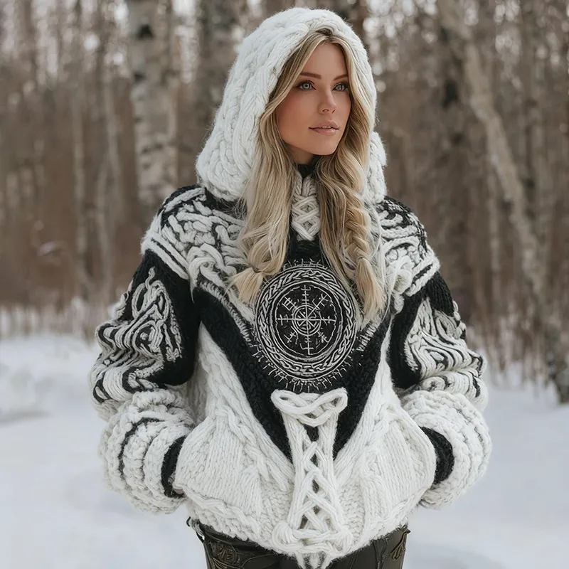 Women's Viking Celtic Knot Vegvisir Rune Knit Hooded Sweater