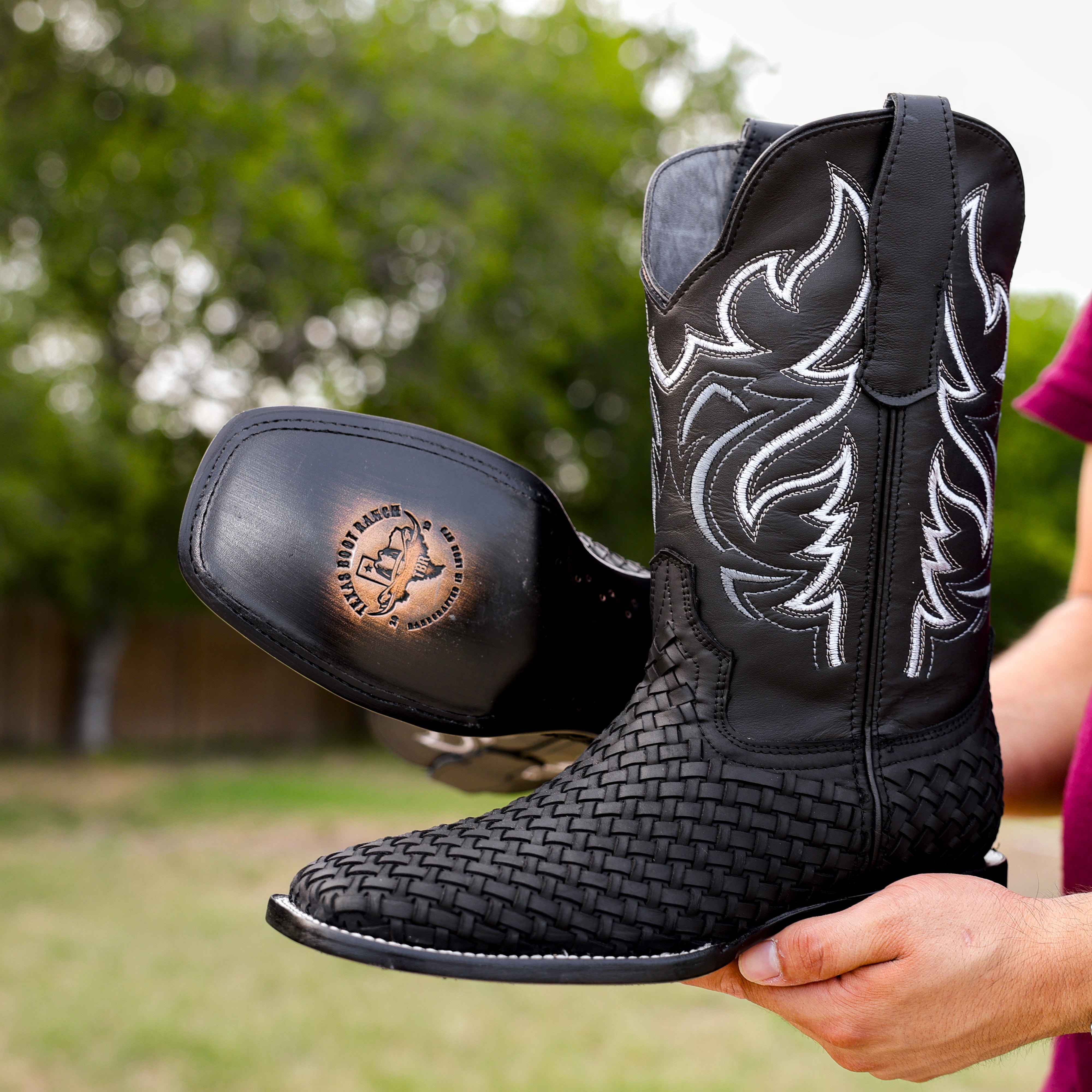 Black Basketweave Leather Boots - Square Toe