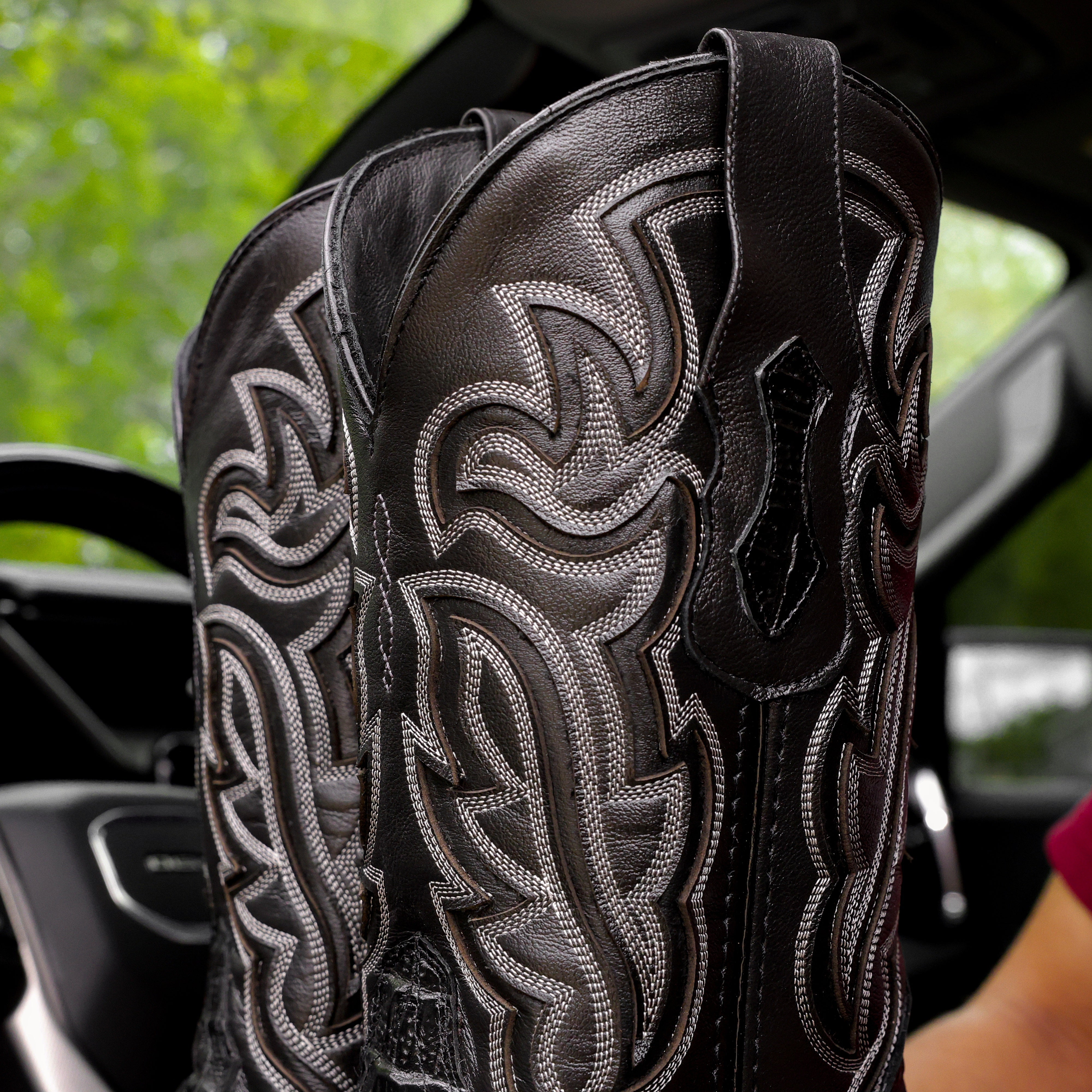 Black Caiman Neck Leather Boots - Square Toe