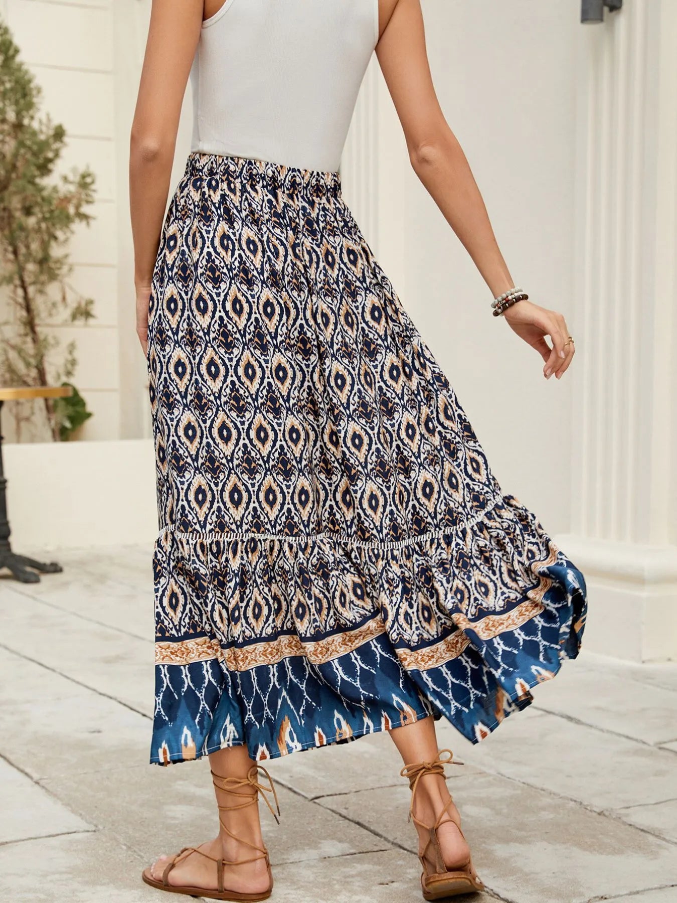 Bohemian Printed Ruched Maxi Skirt