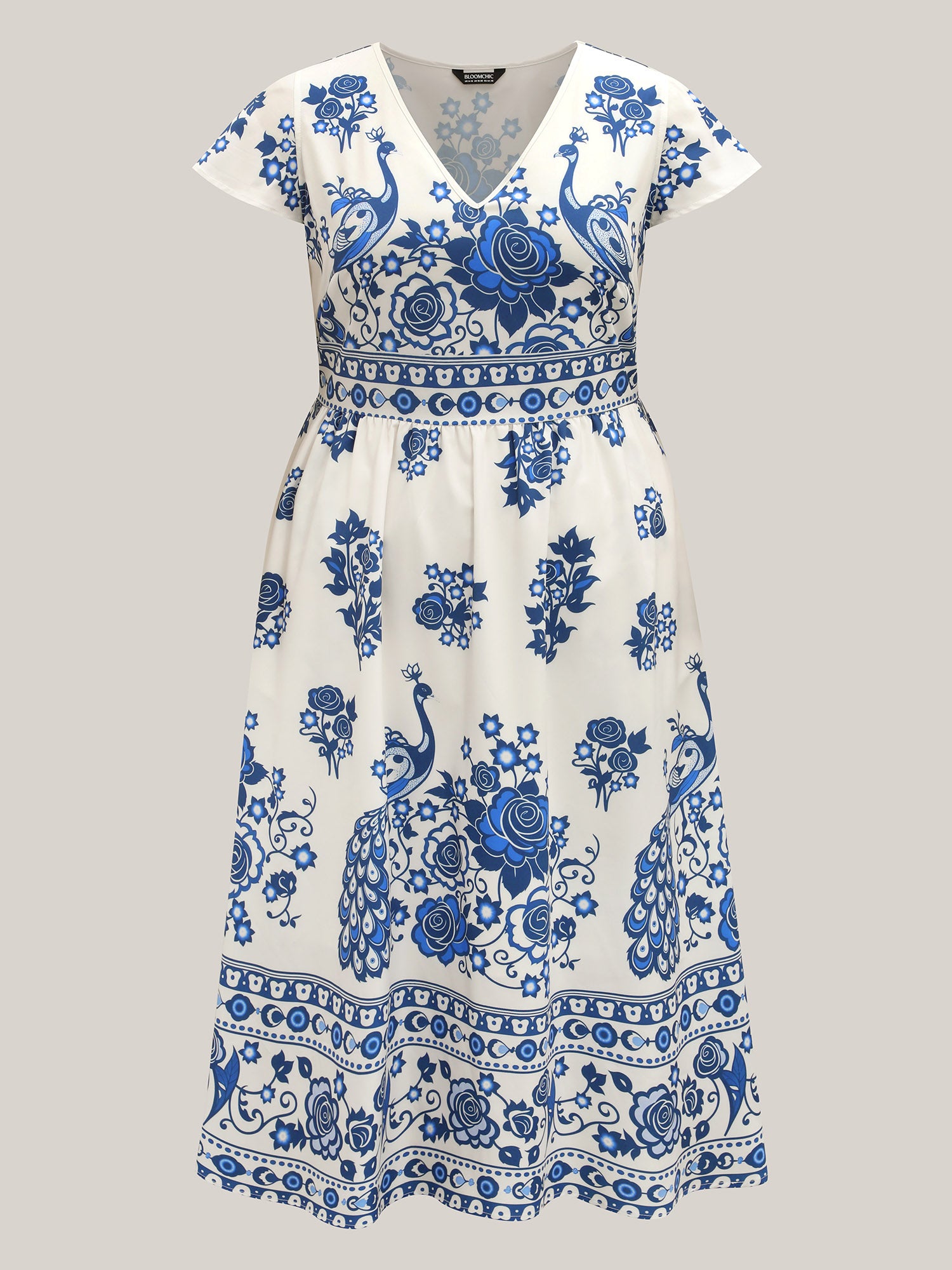 Boho Print V-Neck Pockets Midi Dress