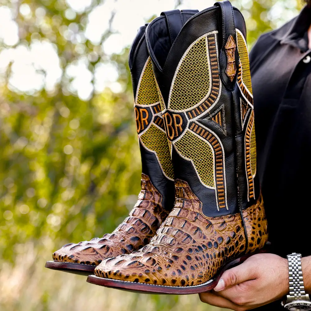 Honey Caiman Neck Leather Boots - Square Toe