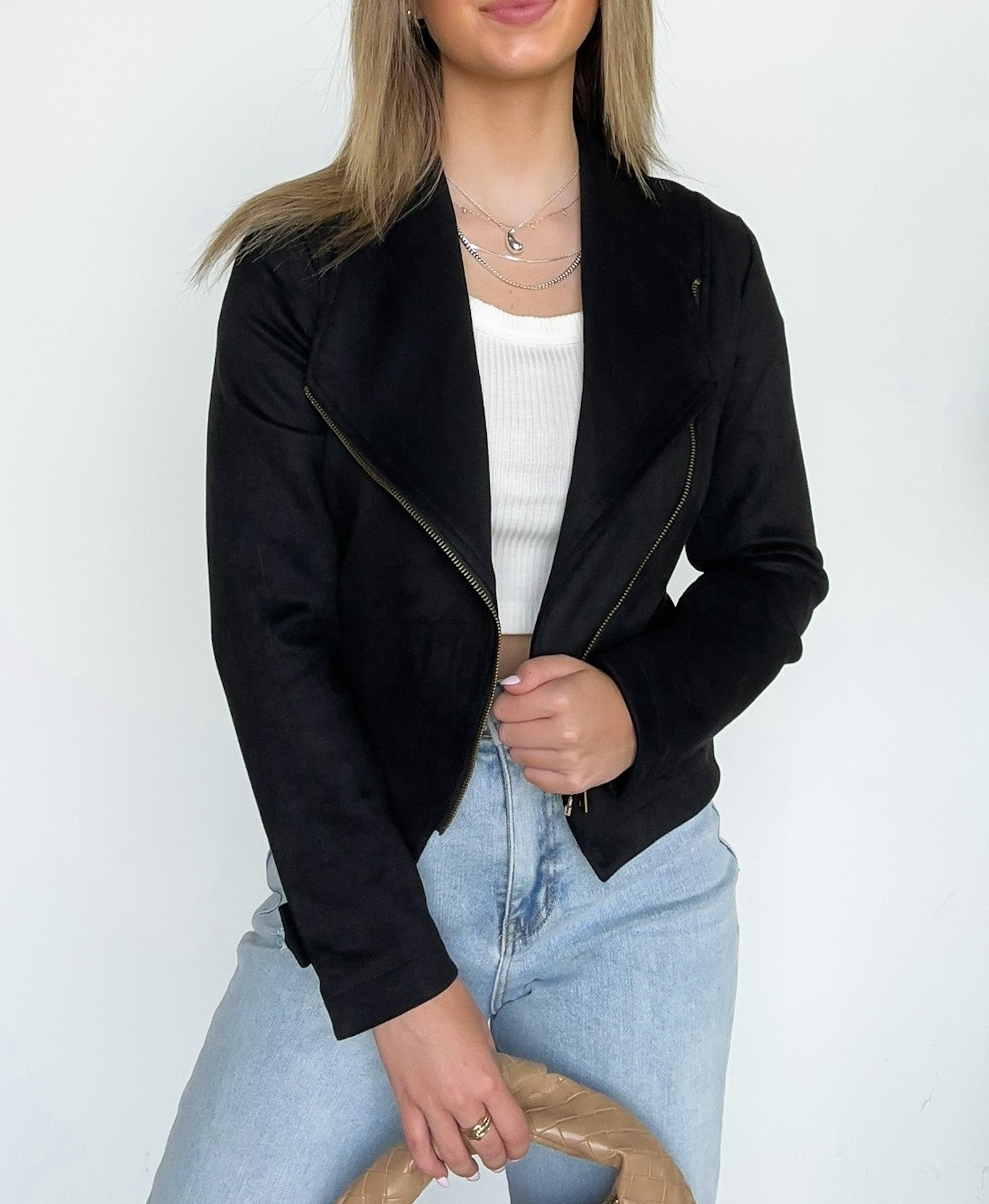 Faux Suede Zip Up Moto Jacket
