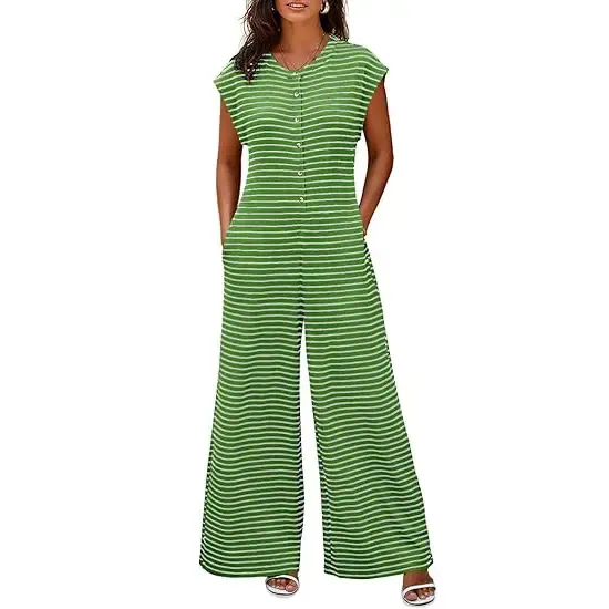 Women’s Casual Striped Wide Leg Jumpsuit – Summer Cap Sleeve Button Down Romper with Pockets