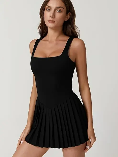 QINSEN Womens Square Neck Tennis DressPleated Sleeveless Built in Shorts Golf AthleticDress with Pockets