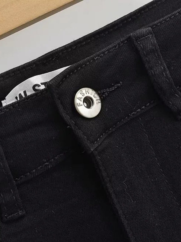 High-Waist Elastic Slim-Fit Distressed Edge A-Line Denim Mini Skirt