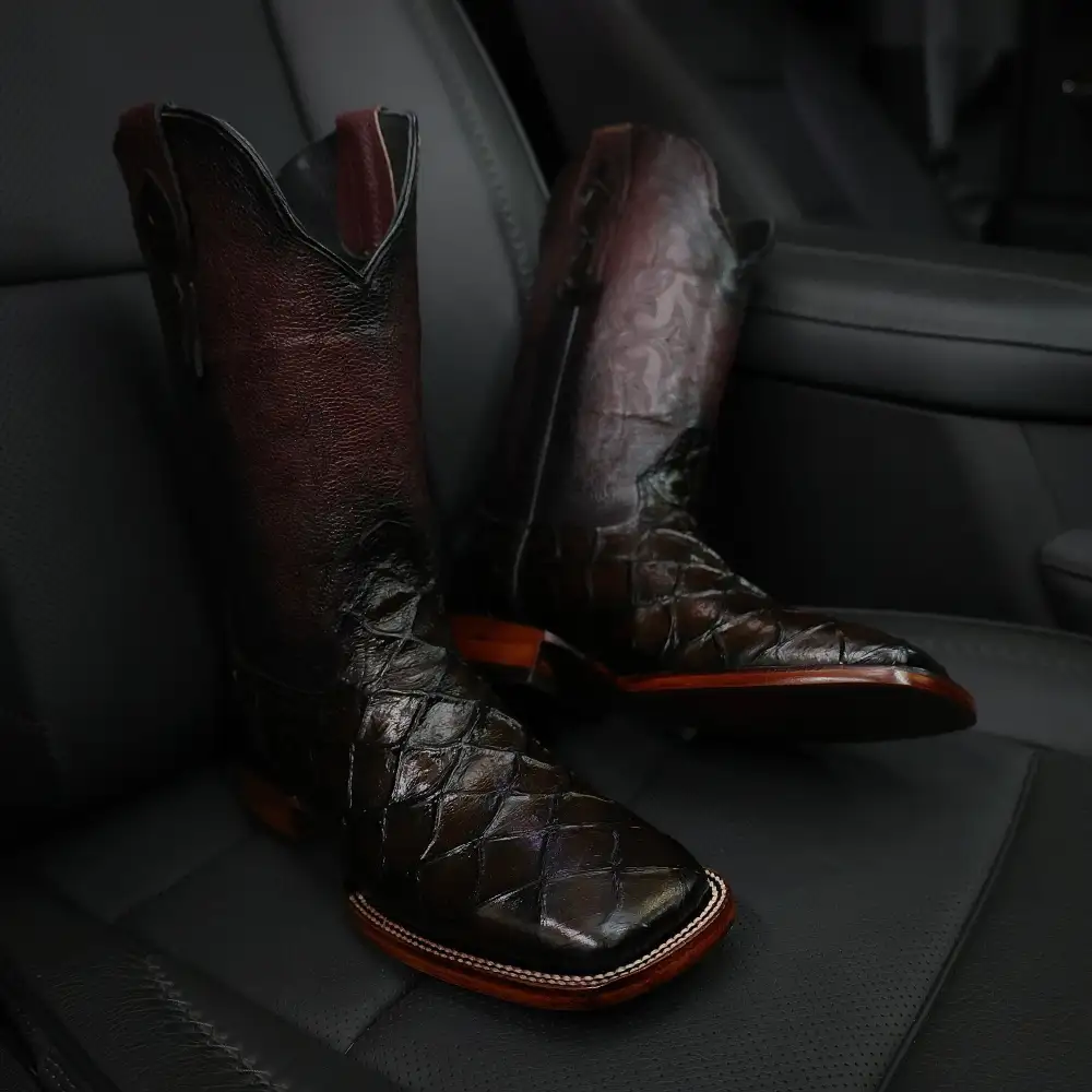 Wine Pirarucu Leather Boots — Square Toe