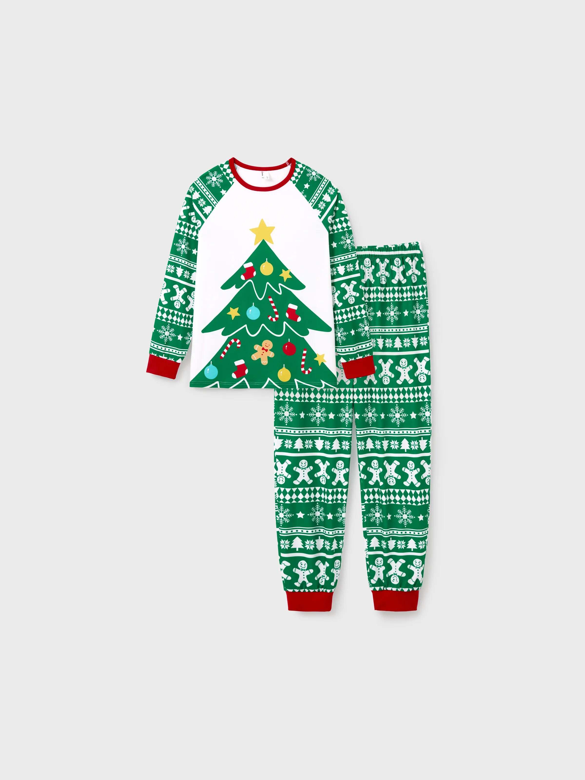 Christmas Matching Family Pajamas Set Gingerbread and Christmas Tree Print Green PJS with Christmas Socks Green
