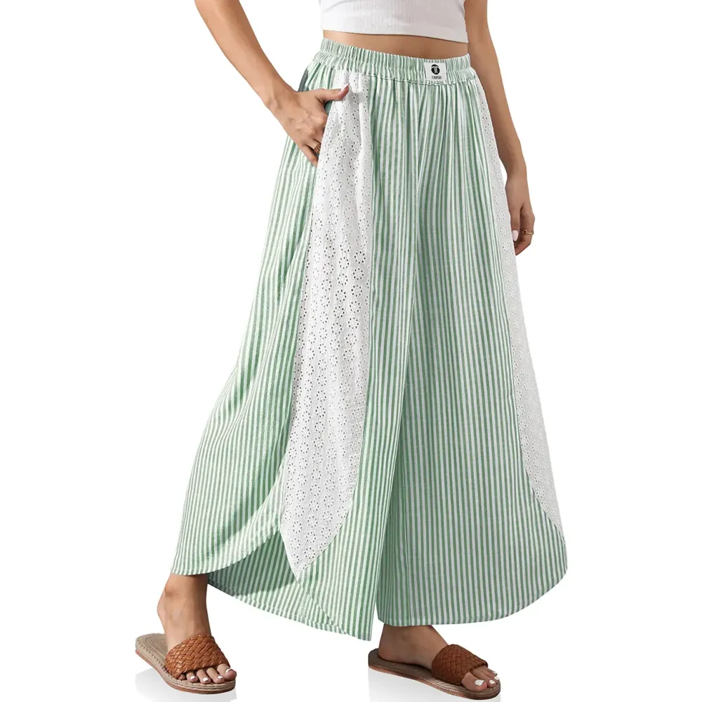 Women’s Boho Striped Wide Leg Palazzo Pants with Lace Panel