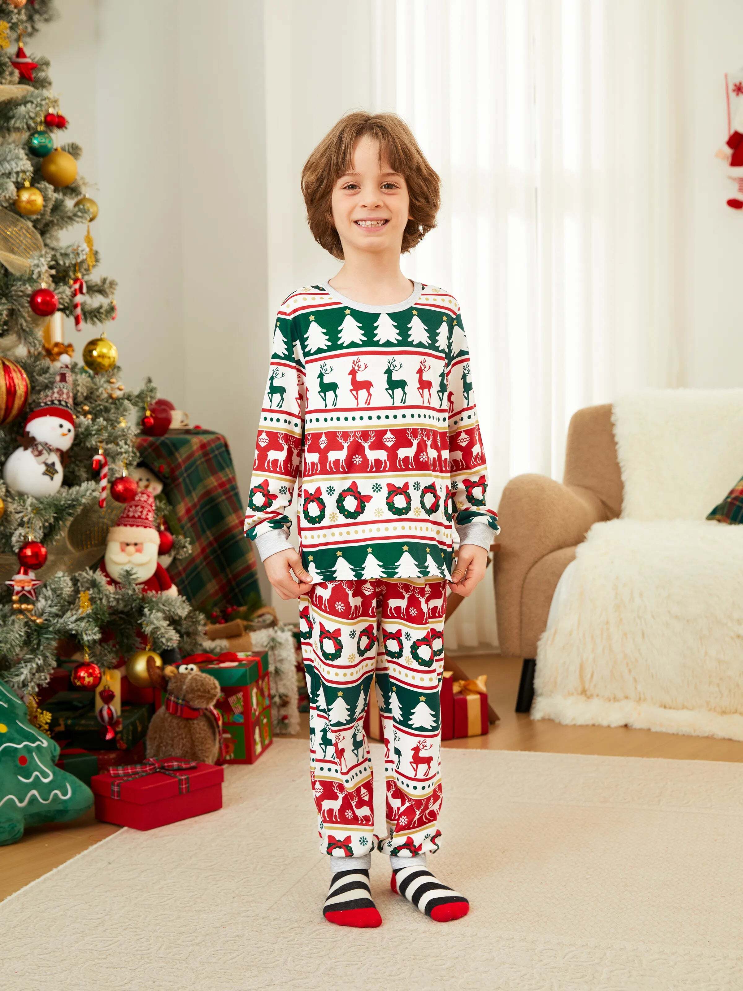 Christmas Pajamas Family Matching Allover Reindeer/Xmas Tree Pattern PJs Sets with Christmas Socks ColorBlock