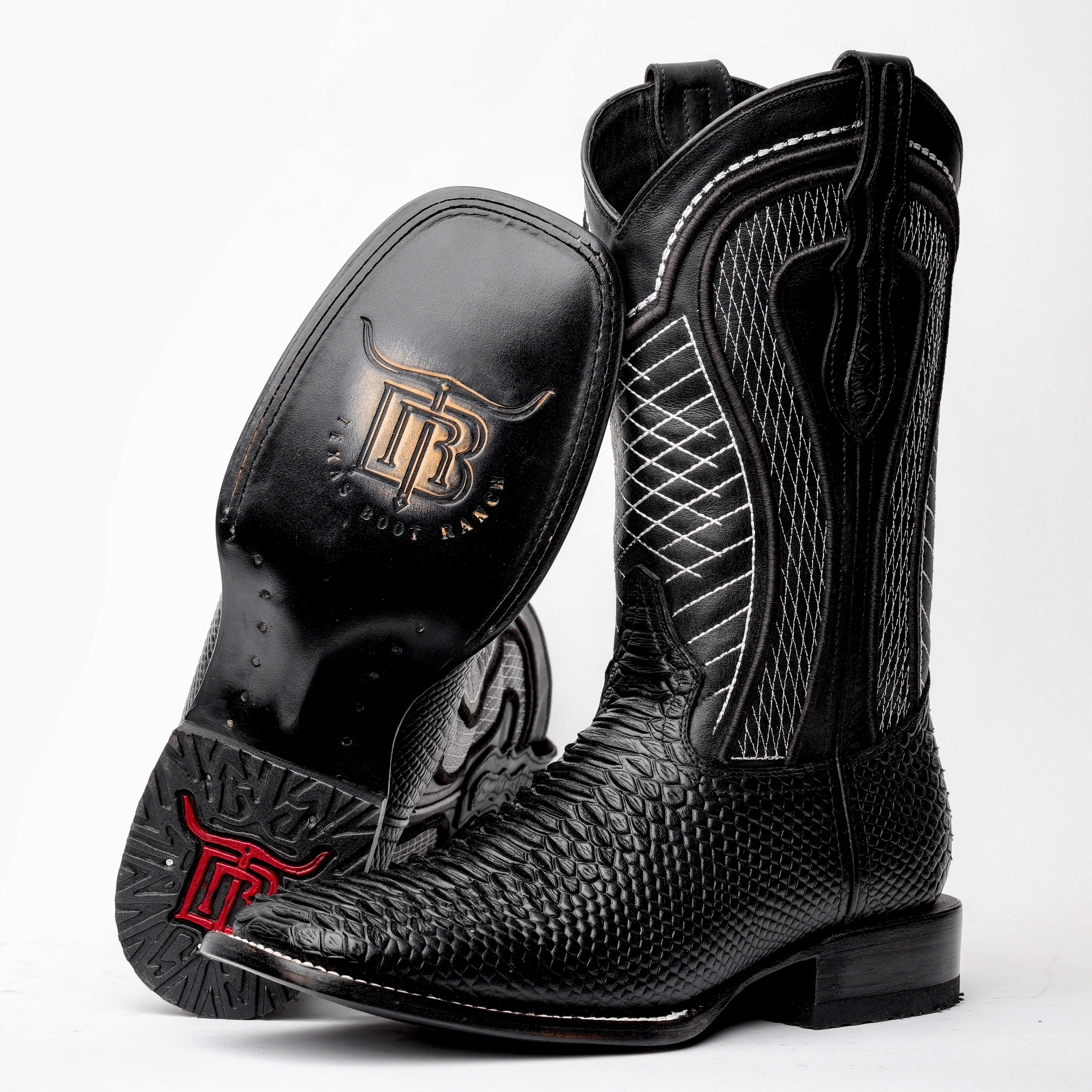 Black Python Leather Boots - Square Toe