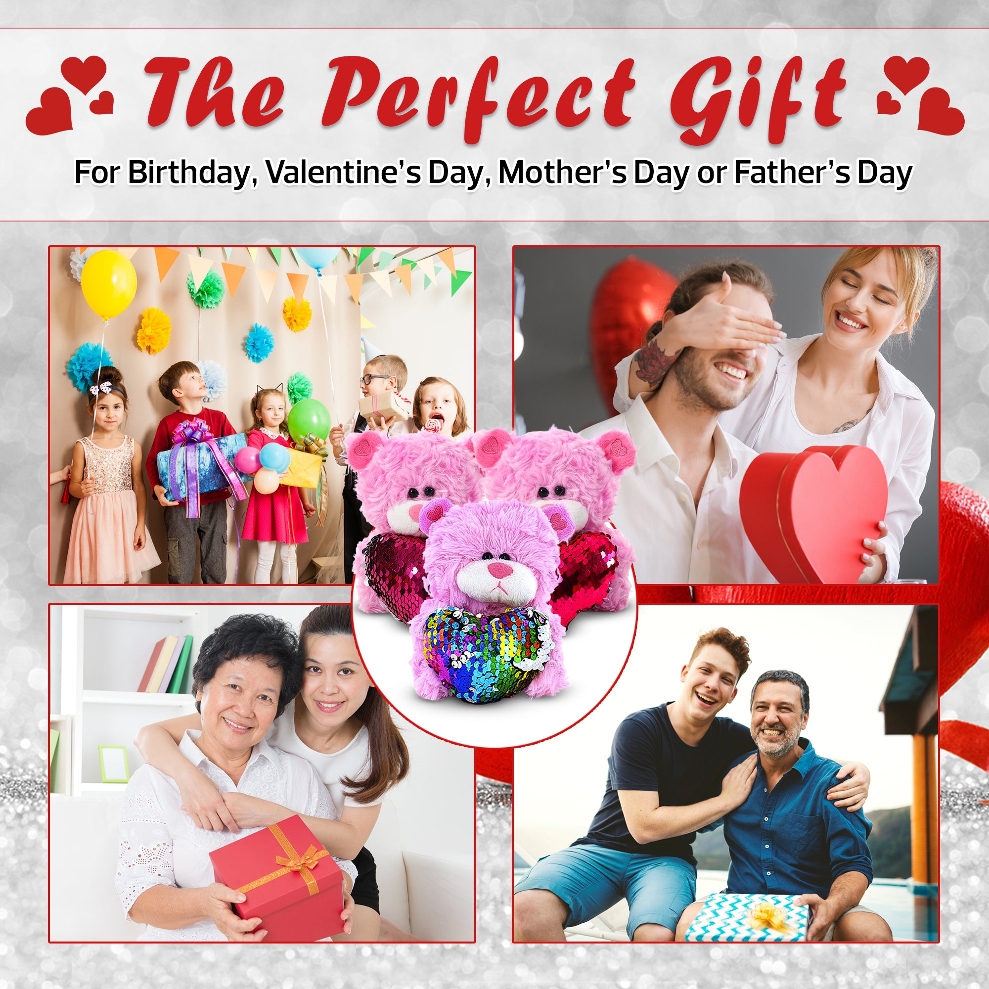 Pink Bears with Sequin Heart 6inch