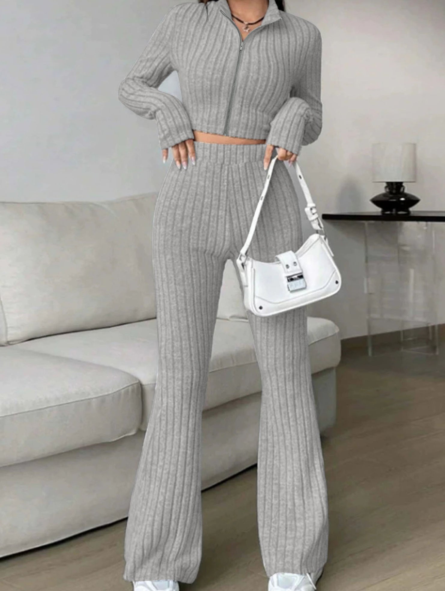Women's Ribbed Cardigan High Waist Flare Pants Suit_CWSS01459