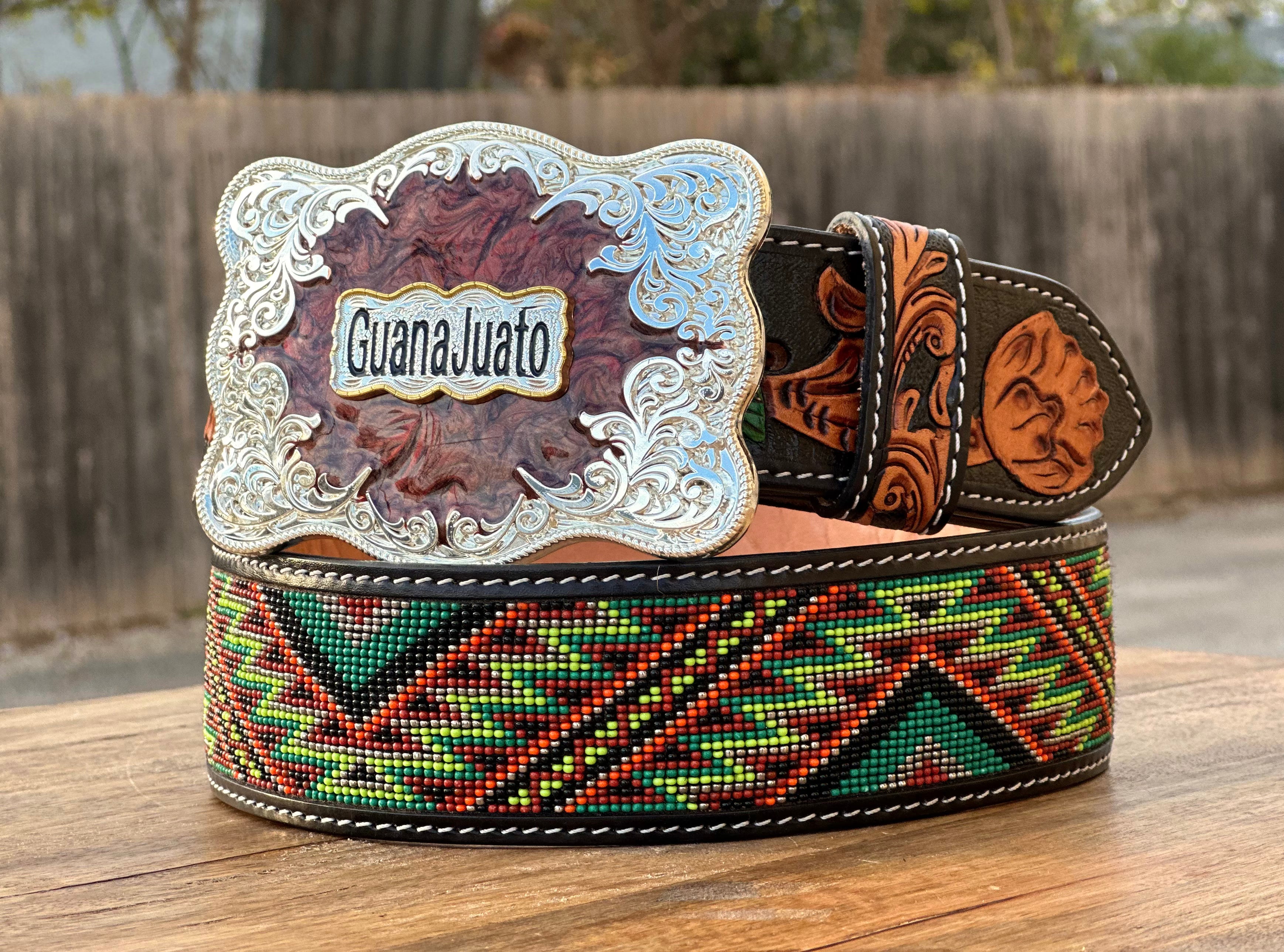 Hand-Tooled Artesanal Tabs With Mint Green and Dark Green Beaded Leather Belt ( Read Description Before Ordering)