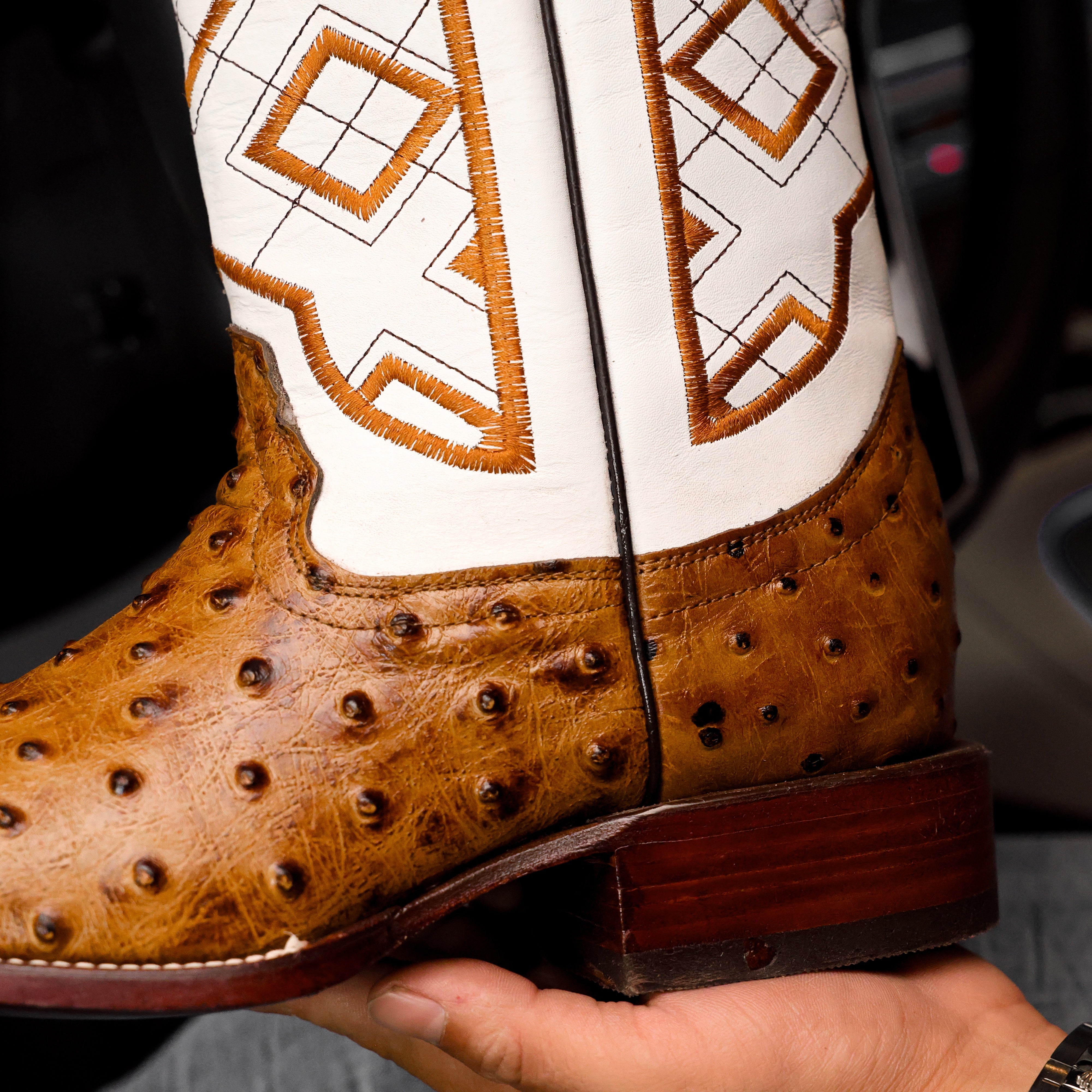 Honey Ostrich Leather Boots - Square Toe