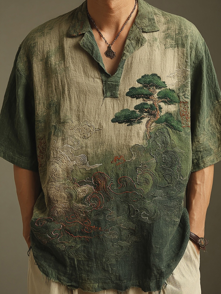 Men's Retro Landscape Embroidery Casual Lapel Short Sleeve Shirt