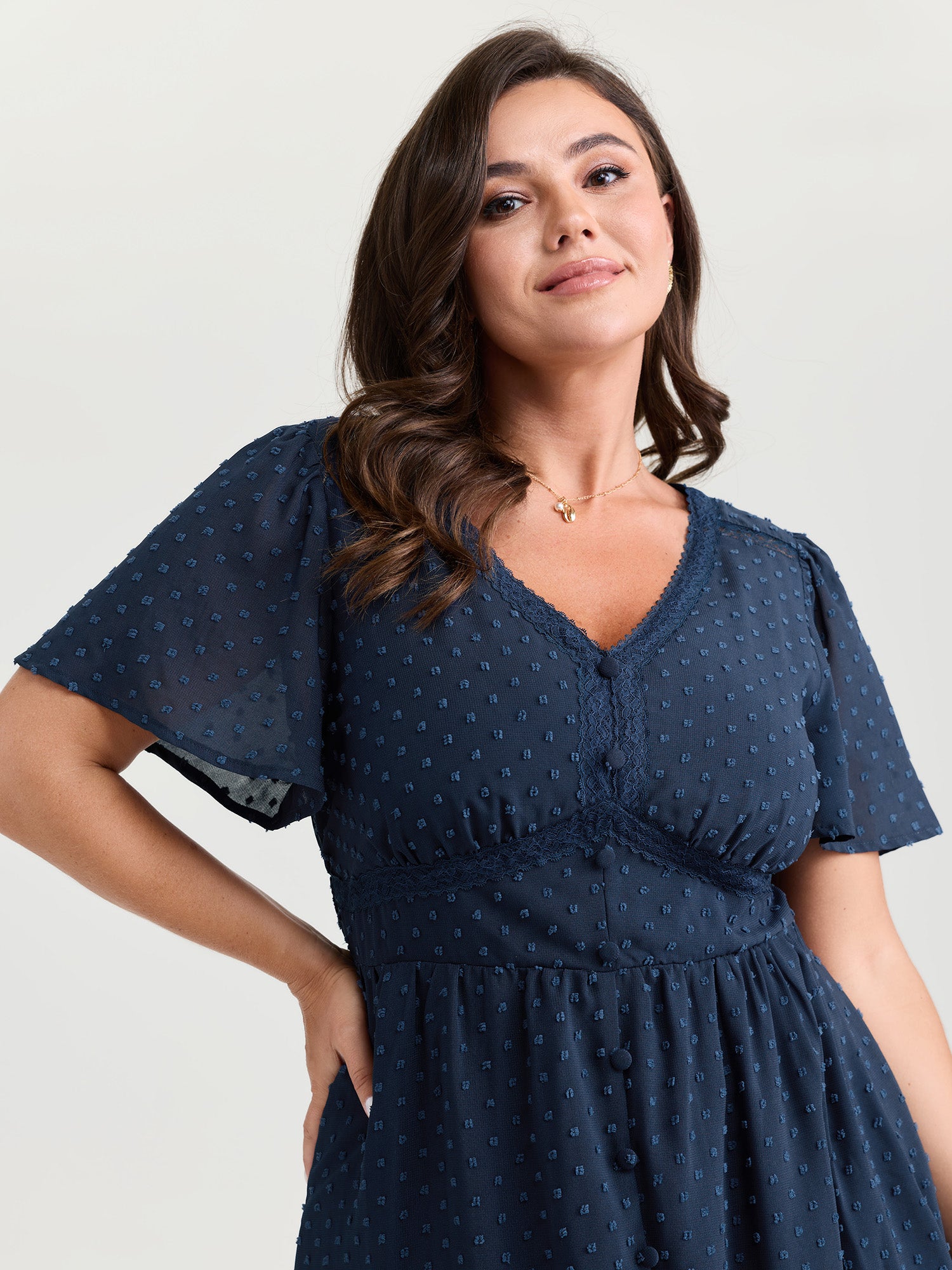 Textured Cinched-Waist V-Neck Midi Dress