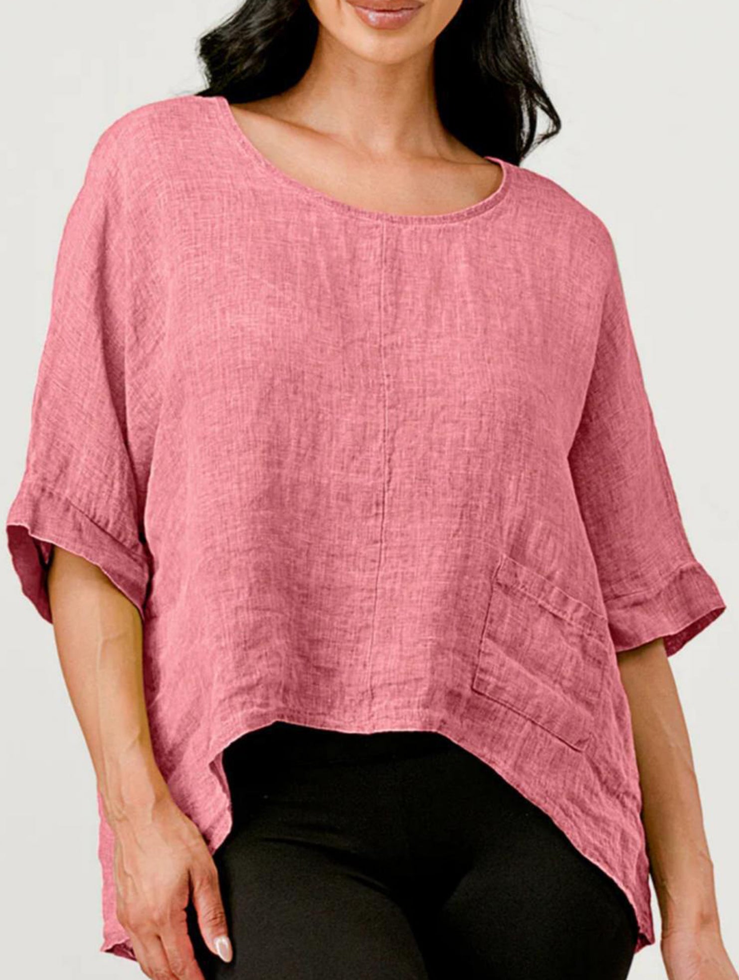 Round Neck Cotton Linen Short Sleeve Shirt_CWTBLL02279