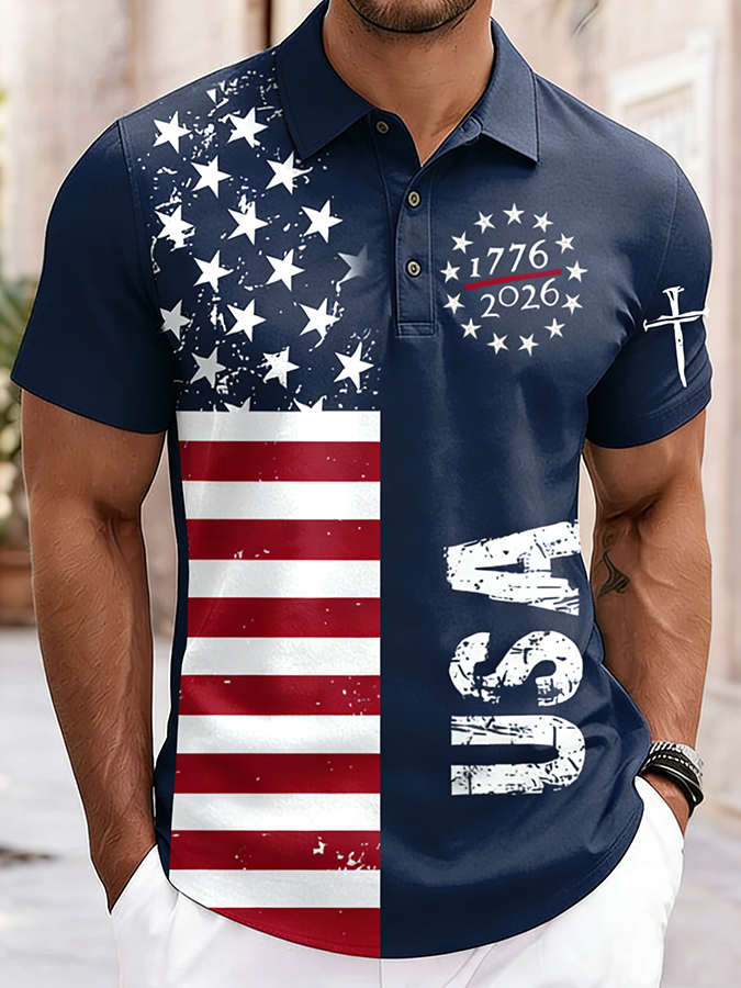Men'S Casual American Flag USA Personalized Printed Short Sleeved Polo Shirt