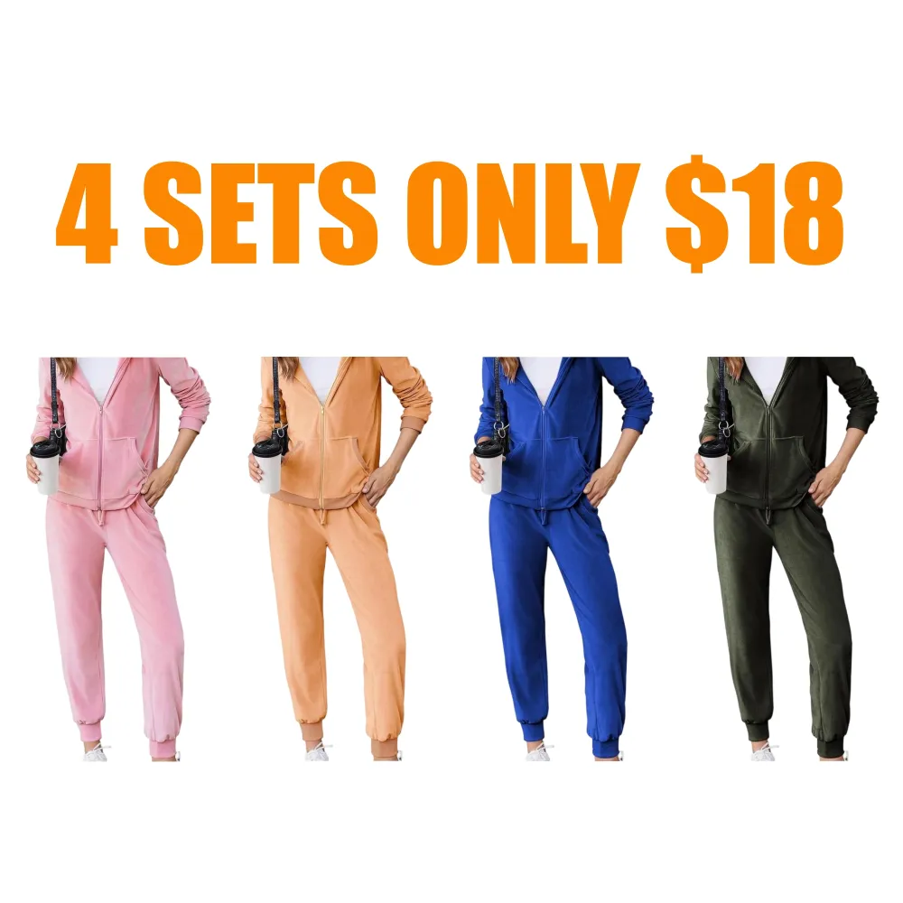 Women's Casual Velour Tracksuit Set Full Zipper Hoodie & Workout Pants Velvet