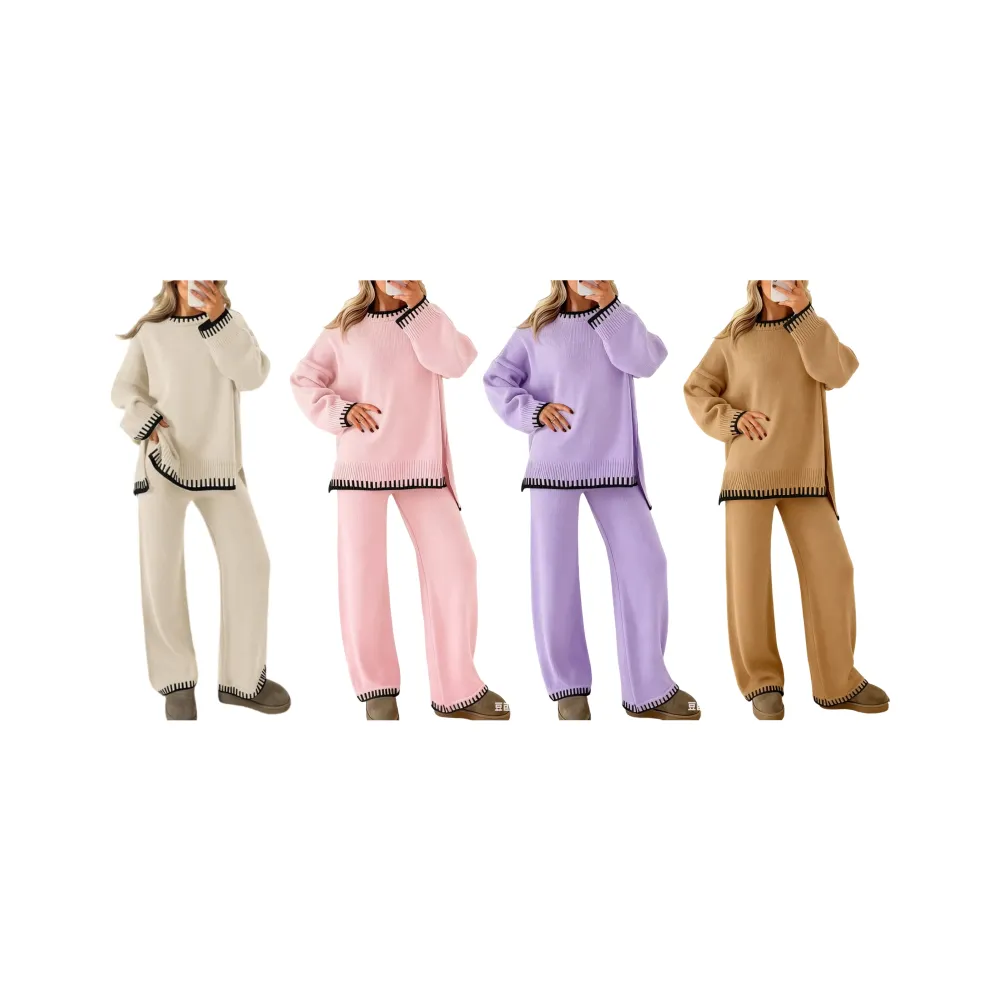 Women's Round Neck Colorblock Sweater Top and Long Sweatpants Set