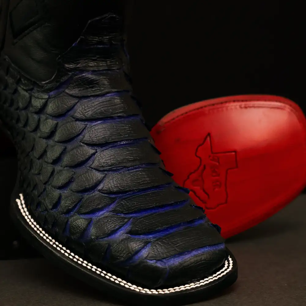 Black & Indigo Jumbo Python Leather Boots - Square Toe