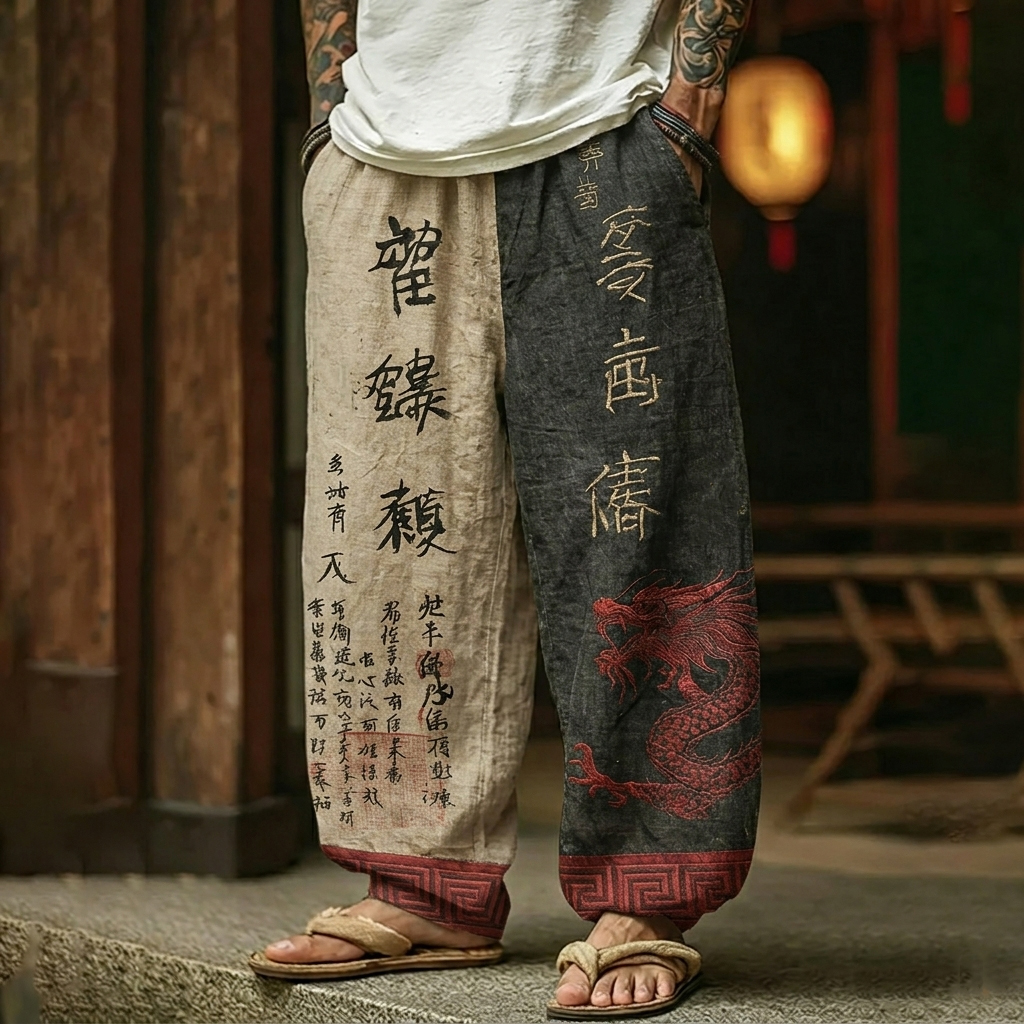 Men's Retro Japanese Calligraphy And Dragon Art Pattern Linen Blend Pants