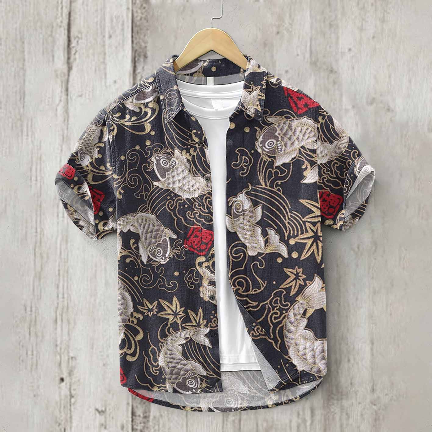 Vintage Japanese Art Koi Pattern Linen Blend Cozy Shirt