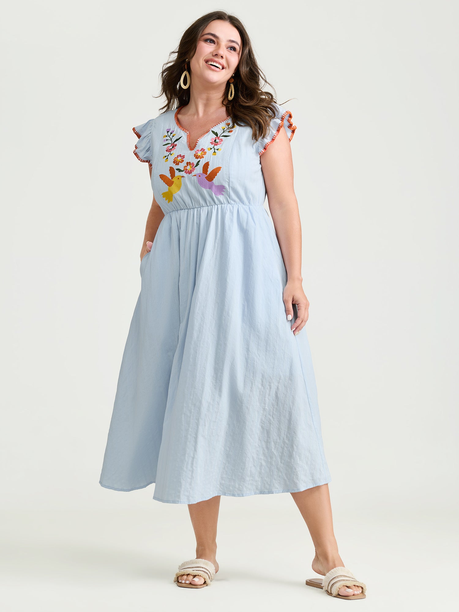 Pure Cotton Embroidered Flutter Sleeve Midi Dress