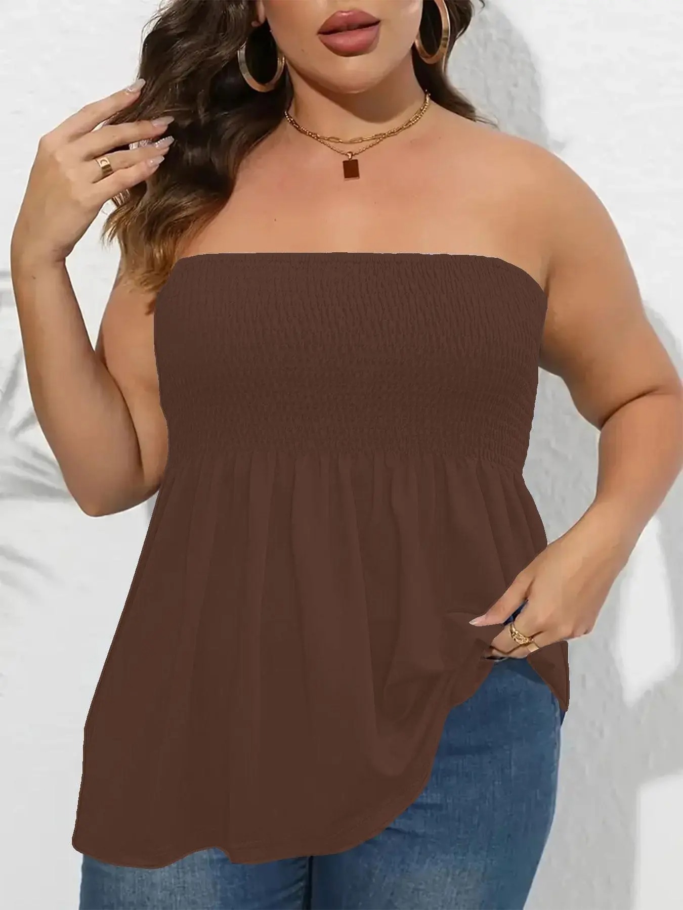 👚 Plus Size Shirred Strapless Tube Top – Ruffle Hem Boho Style