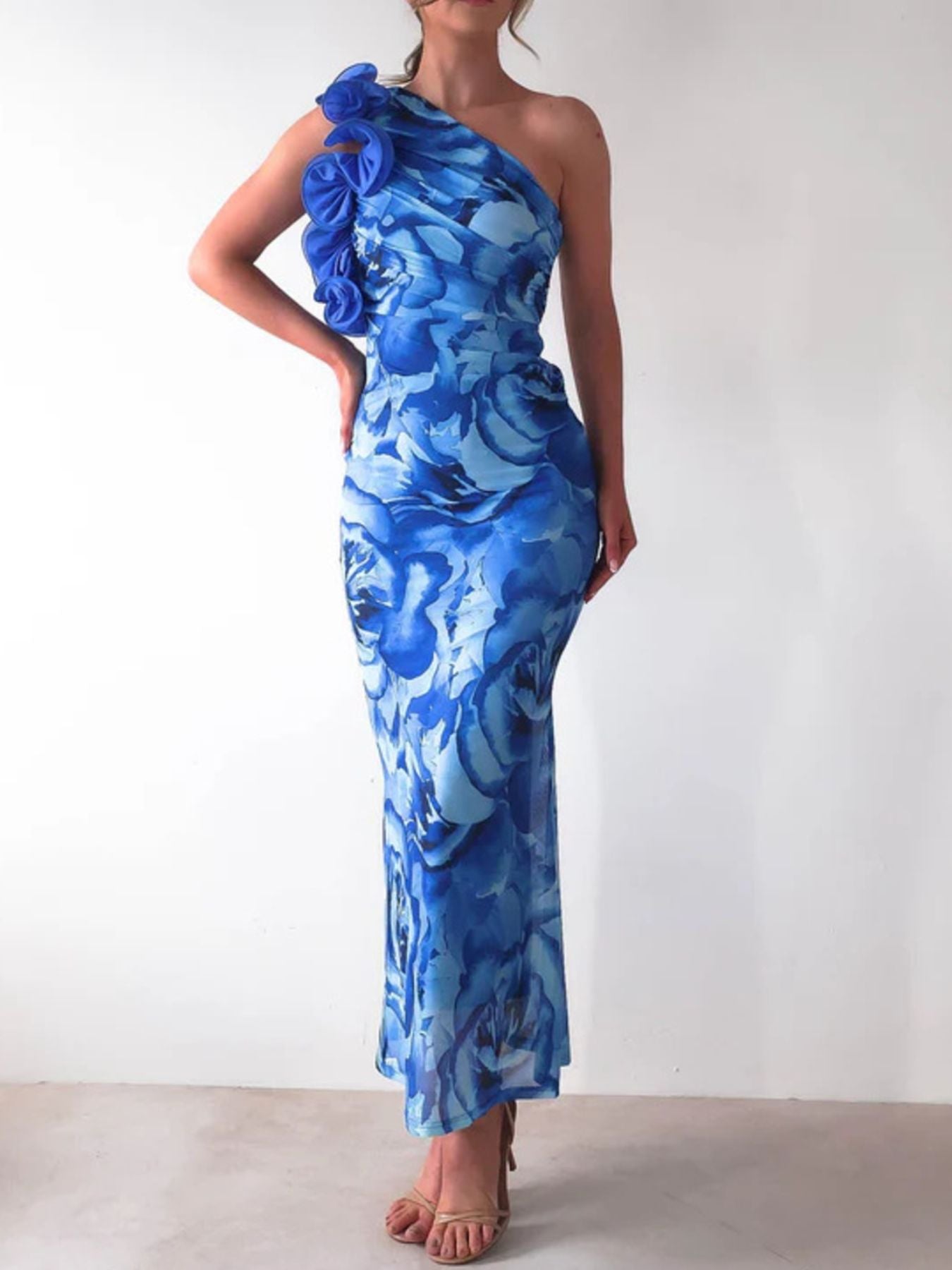 Floral Print One-Shoulder Maxi Dress