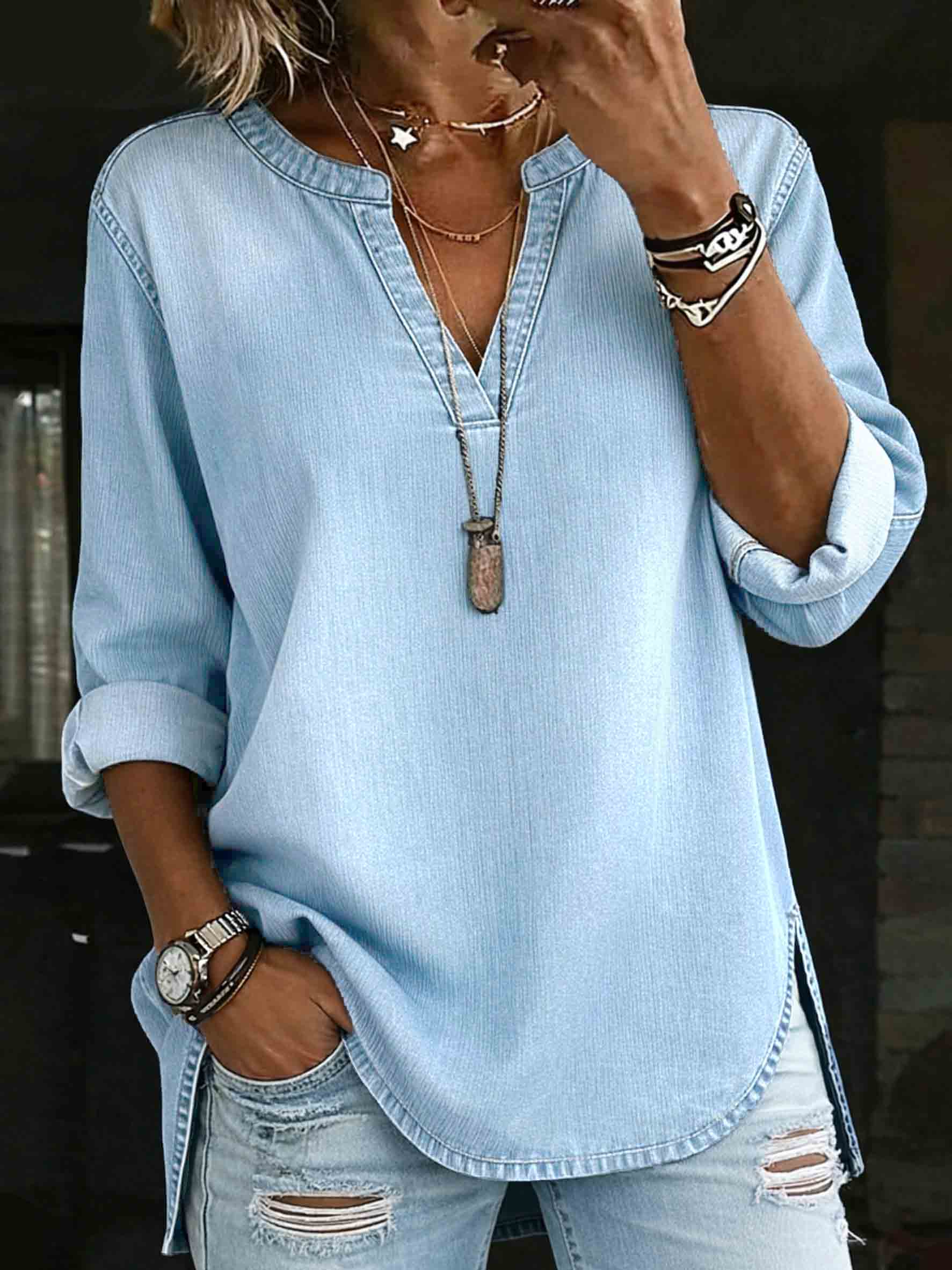 Women's Denim V-neck Henley Long-sleeved Shirt