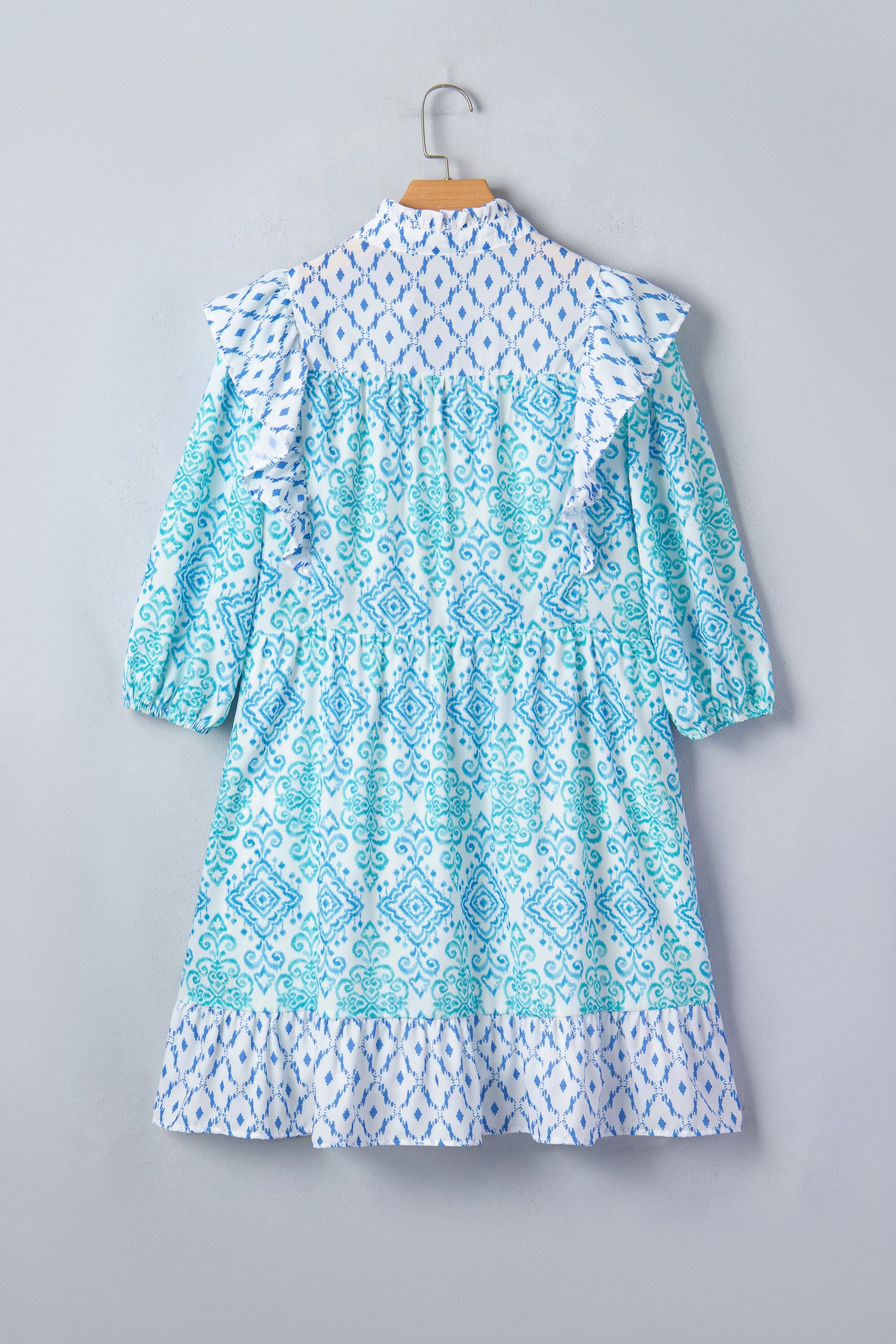 Sky Blue Boho Floral Geometric Patchwork Ruffle Detail Puff Sleeve Mini Dress