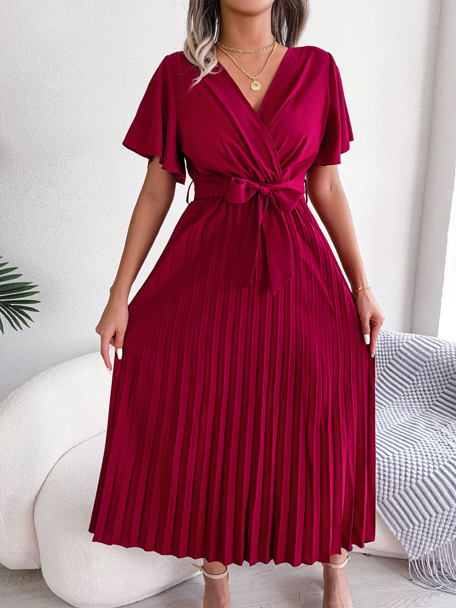 Women's Casual Cross V-neck Ruffled Pleated Dress