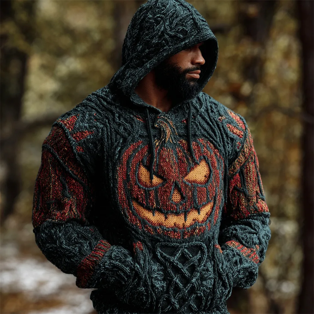 Halloween Pumpkin Lights Men's Chunky Knit Hooded Sweater