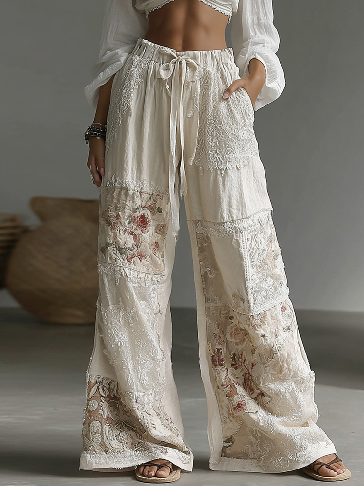 Women's Retro Floral Patchwork Art Casual Pocket Linen Pants