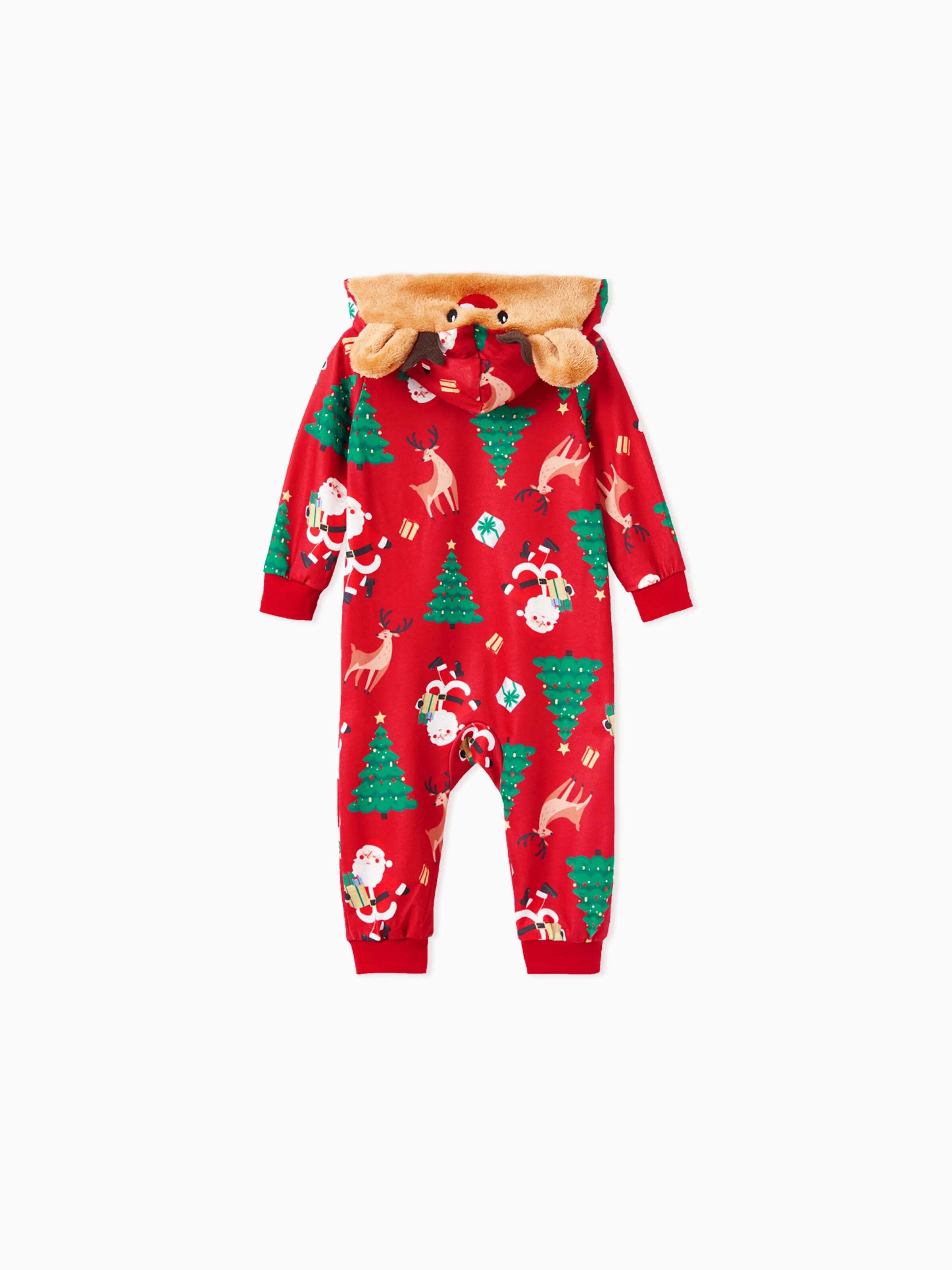 Christmas Family Pajamas Sets 3D Reindeer Hooded Allover Print Onesies with Christmas Socks Red-2