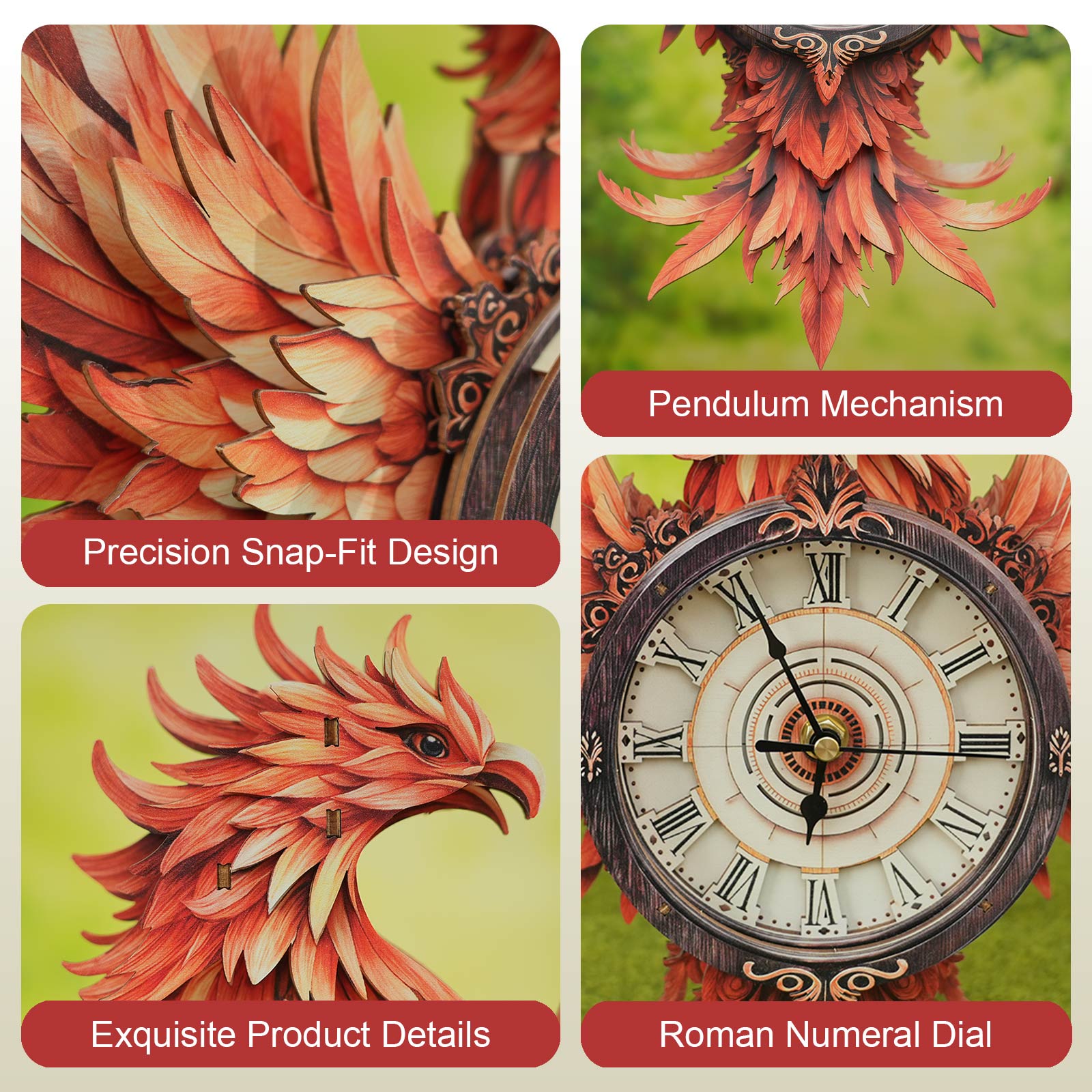 Fire Phoenix â€“ DIY Wooden Clock, 3D Puzzle Craft Kit