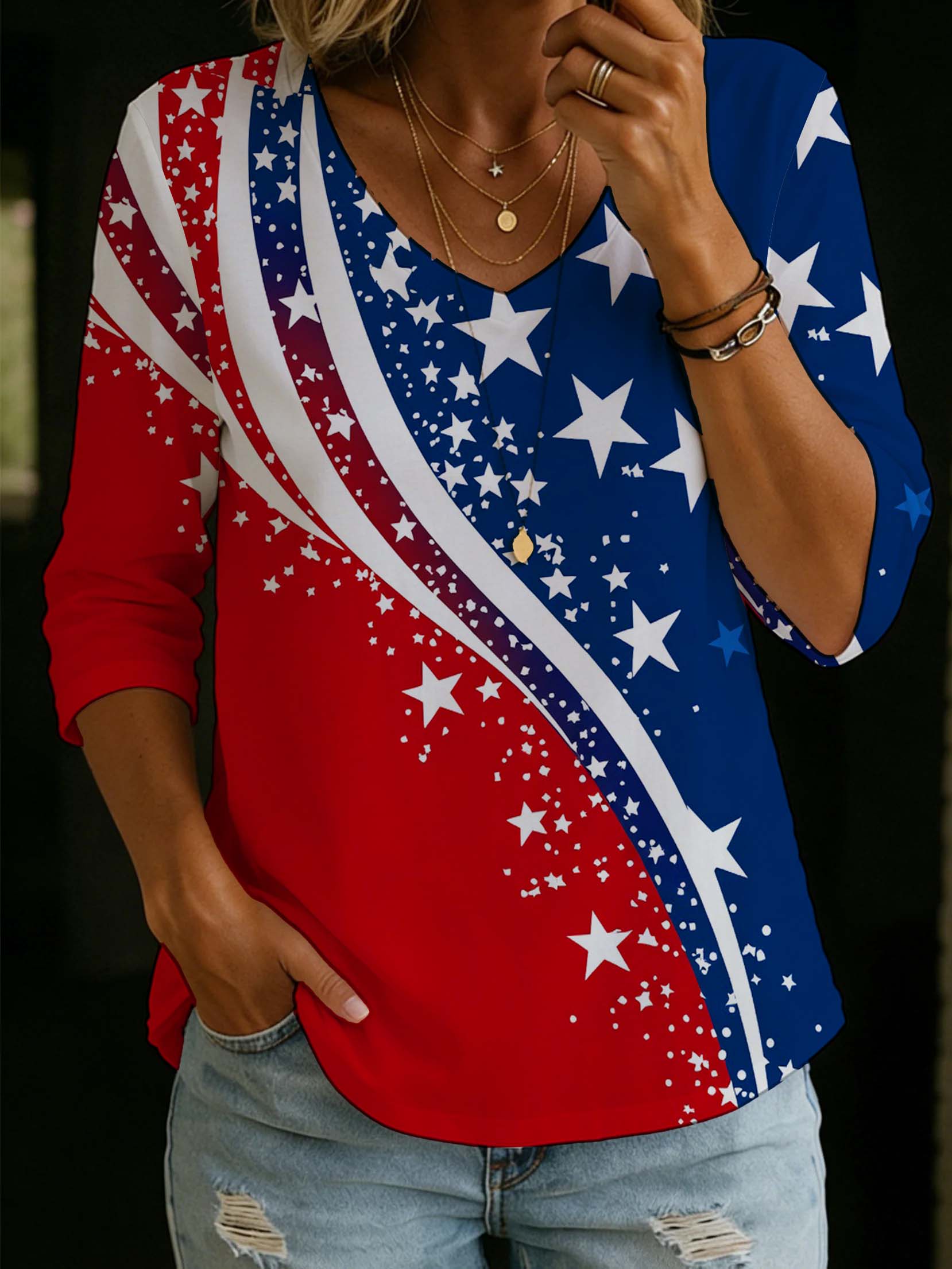 Women'S Independence Day 250Th Anniversary Founding Commemorative Print V-Neck Five Point T-Shirt