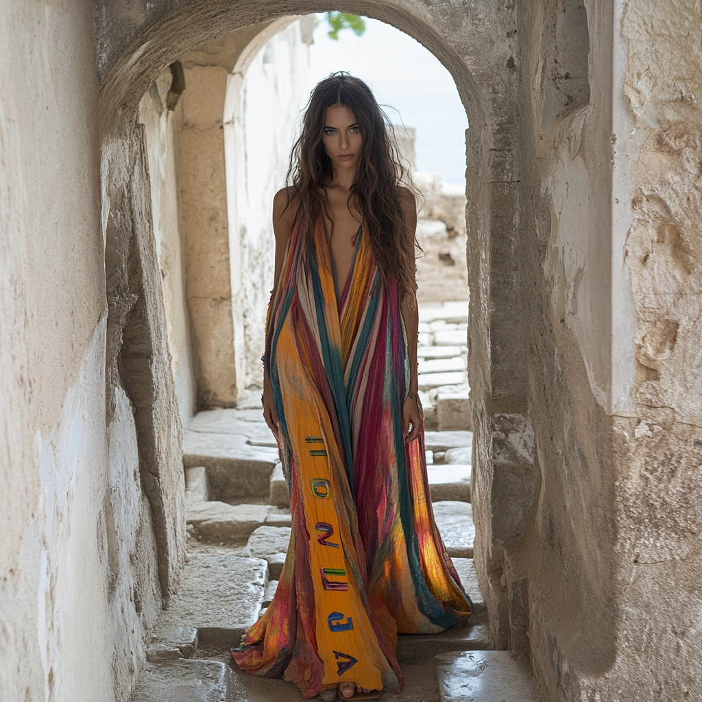 Vintage Loose Linen Patchwork Rainbow Contrast Dress 3738