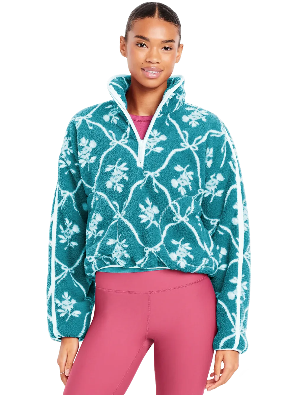 Printed Loose Sherpa Quarter-Zip Pullover