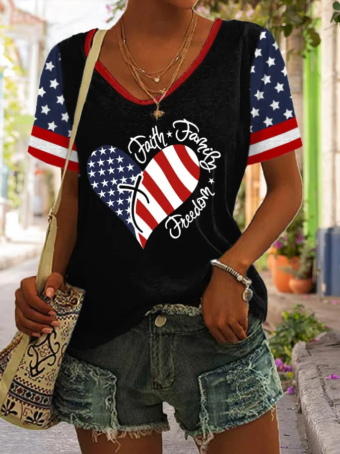 Casual Independence Day (Flag) V Neck Short Sleeve T-shirt