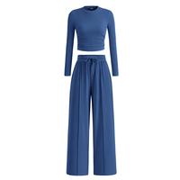 2-Piece Ribbed Knit Long Sleeve Crop Top Wide Leg Pants Matching Lounge Set Loungewear