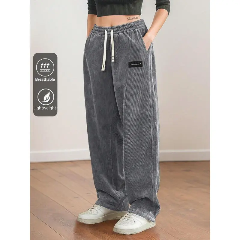 Women's Straight Leg Corduroy Pants Featuring Drawstring Elastic Waist, Fit for Casual