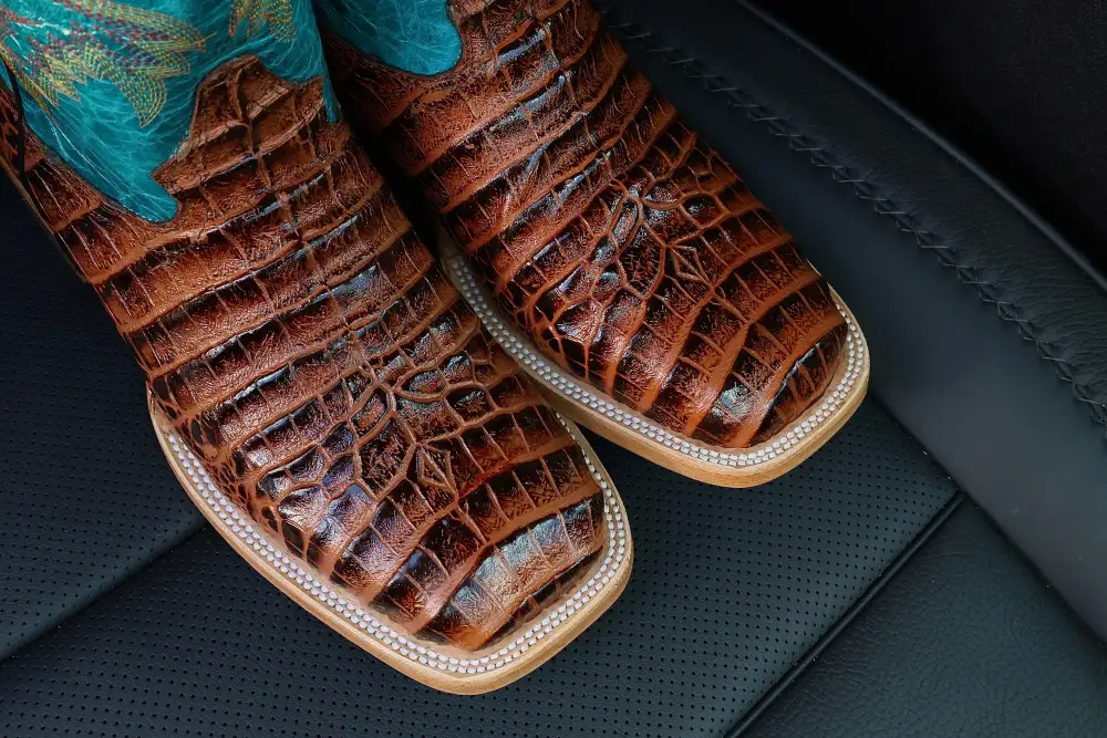 Cognac American Gator Belly Leather Boots — Square Toe