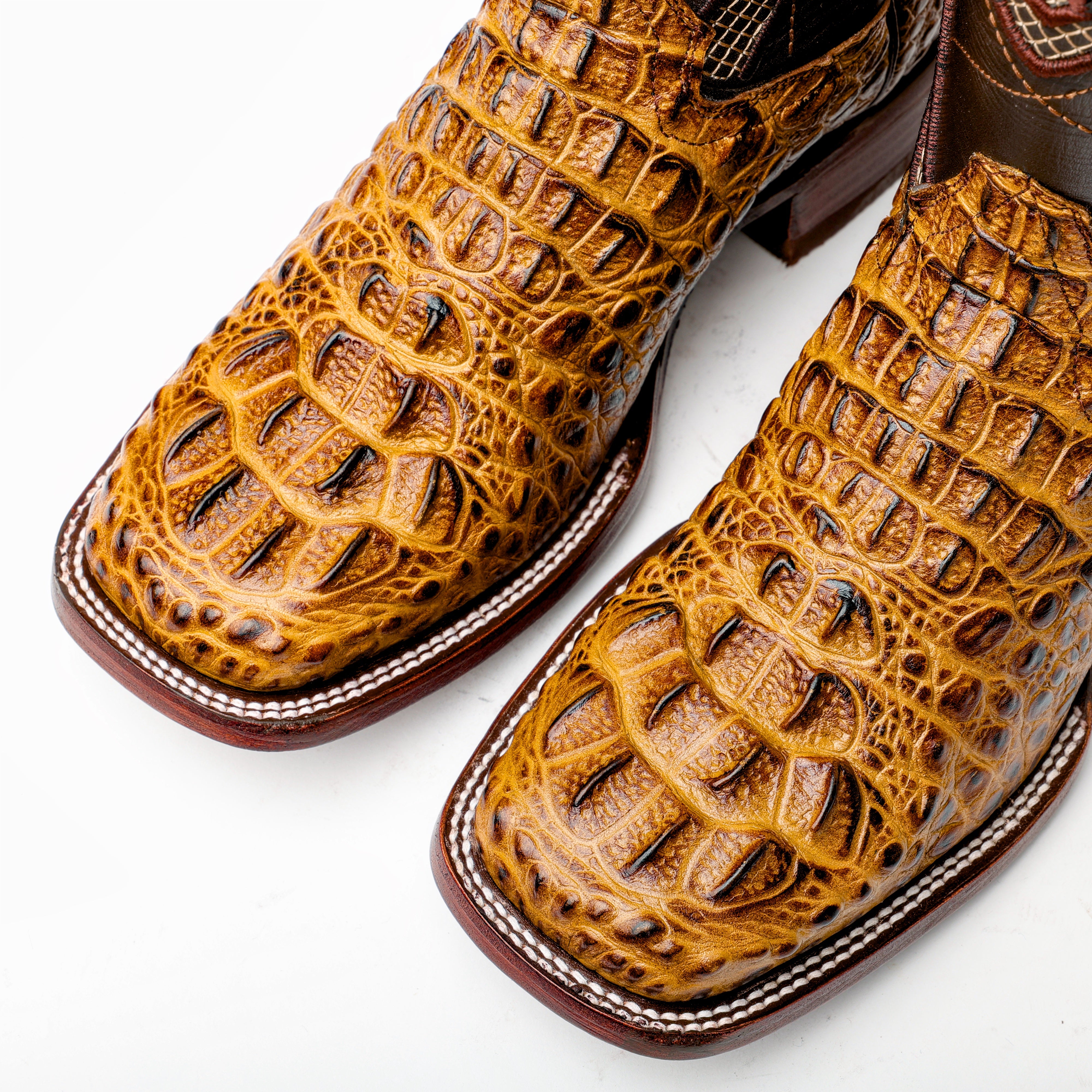 Honey Caiman Neck Leather Boots - Square Toe