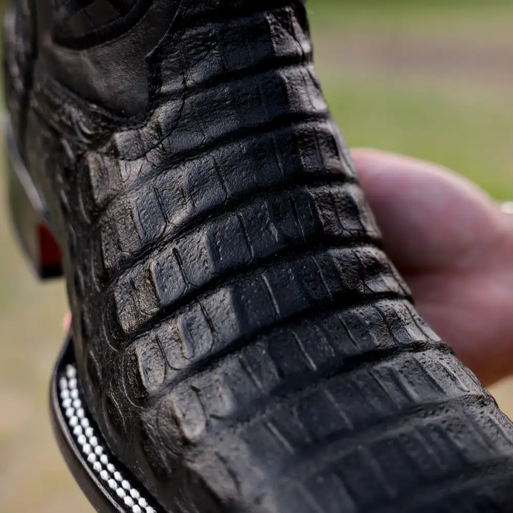 Black Caiman Hornback Leather Boots - Square Toe