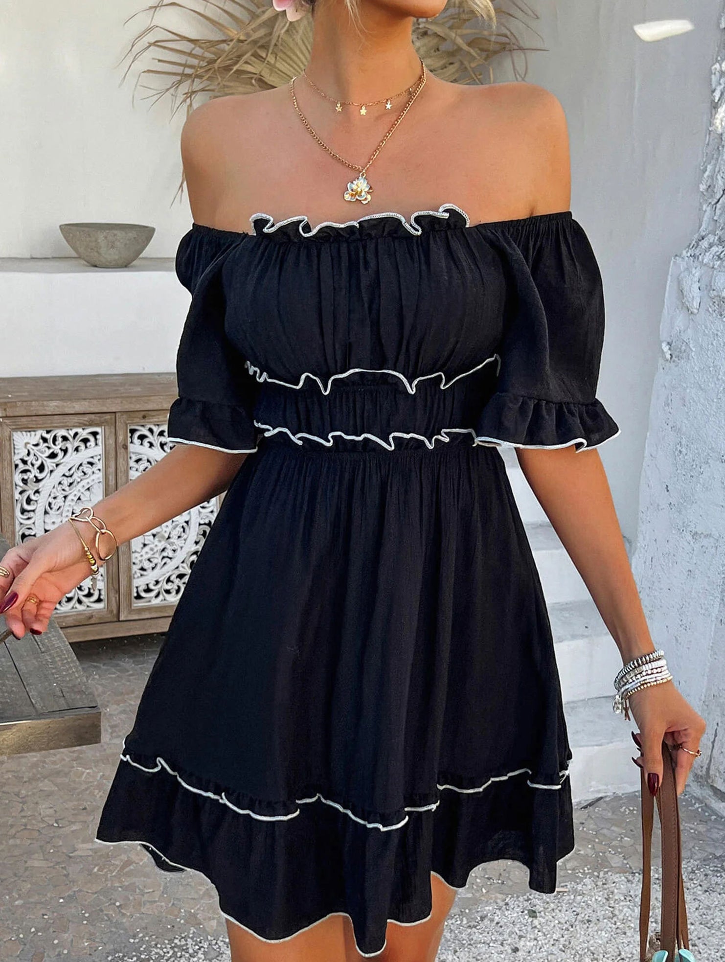 French Square Neck Ruffle A Line Dress