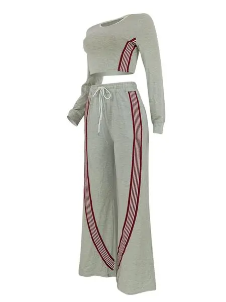 Women Casual Long Sleeve Top and Side Stripe Sports Pants Set