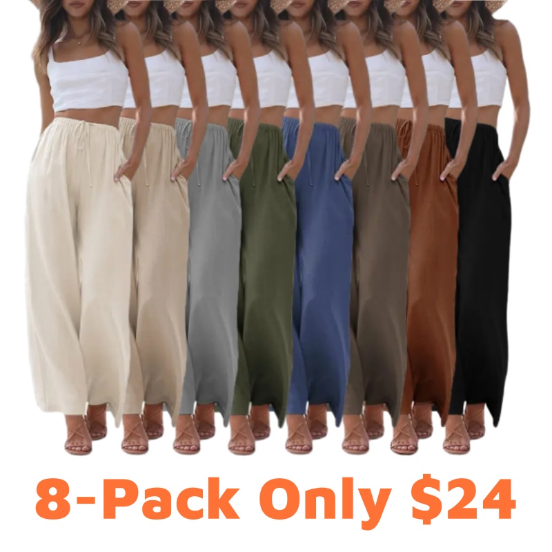 Women's Cotton Linen Summer Palazzo Pants Flowy Wide Leg Beach Trousers with Pockets Casual Womenswear